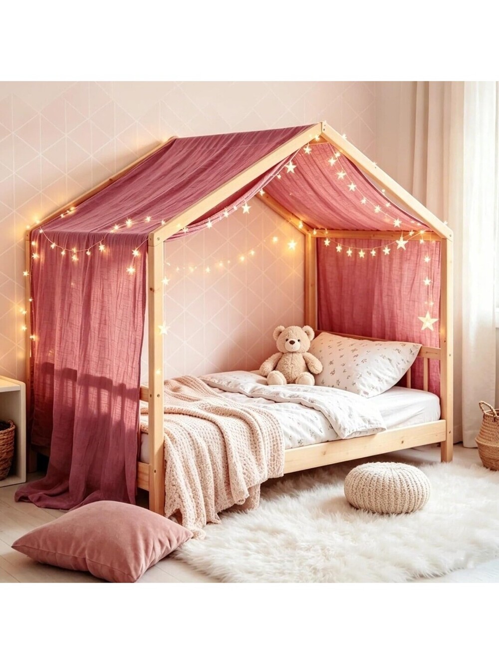 Soft 100% Cotton Pink House Bed Canopy - Princess Room Decor & Reading Nook
